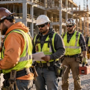 An owner-side project coordinator checks subcontractor enrollment documents as trade crews enter a large construction site.