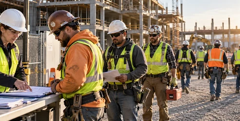An owner-side project coordinator checks subcontractor enrollment documents as trade crews enter a large construction site.