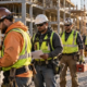 An owner-side project coordinator checks subcontractor enrollment documents as trade crews enter a large construction site.