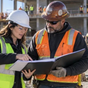 An owner insurance coordinator reviews subcontractor enrollment records with a trade foreman at a large construction site.