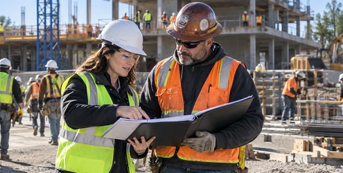 An owner insurance coordinator reviews subcontractor enrollment records with a trade foreman at a large construction site.