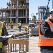 An owner representative and contractor risk manager compare project insurance folders while coordinating trade crews at one construction site.