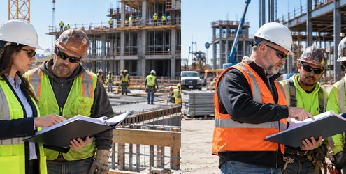 An owner representative and contractor risk manager compare project insurance folders while coordinating trade crews at one construction site.