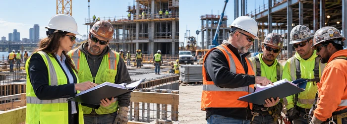 An owner representative and contractor risk manager compare project insurance folders while coordinating trade crews at one construction site.