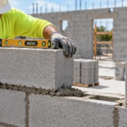 Mason levels a concrete block course beside a reinforced CMU wall section.