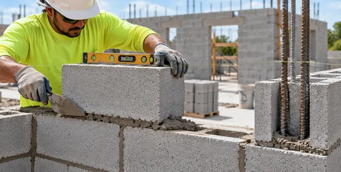 Mason levels a concrete block course beside a reinforced CMU wall section.
