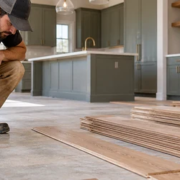 A flooring installer checks the dry subfloor and moisture conditions before new hardwood is installed.