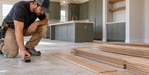A flooring installer checks the dry subfloor and moisture conditions before new hardwood is installed.