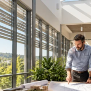 Architects discuss daylighting in a commercial interior with high windows, skylights, and exterior sun shades.