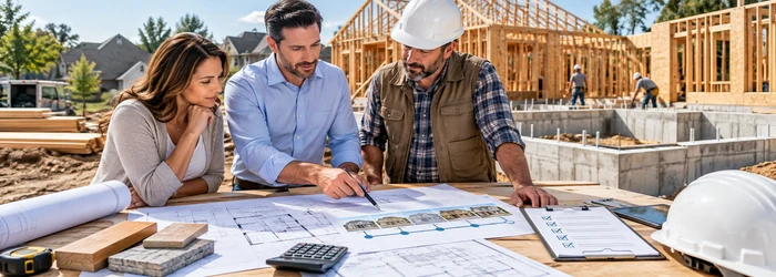 Homeowner, lender, and contractor review a construction budget, staged draw schedule, and inspection checklist beside a house under construction