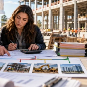 A contractor and accountant review work-package costs, subcontract records, and overhead at an active commercial building project.