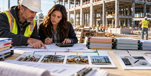 A contractor and accountant review work-package costs, subcontract records, and overhead at an active commercial building project.