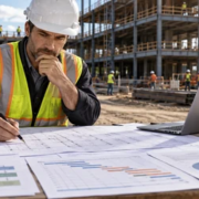 A general contractor estimator reviews labor, subcontract, equipment, and scope records to separate direct costs from overhead and fee.