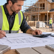 Construction estimator reviewing building blueprints and a cost spreadsheet at an active site