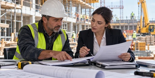 Construction project manager and insurance professional reviewing policy documents at an active jobsite