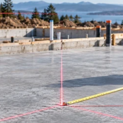 Construction workers use a laser level and tape to lay out square foundation lines on a concrete slab.
