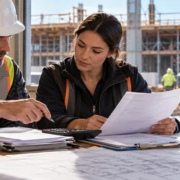 Construction estimator and payroll specialist reviewing labor hours and benefit costs