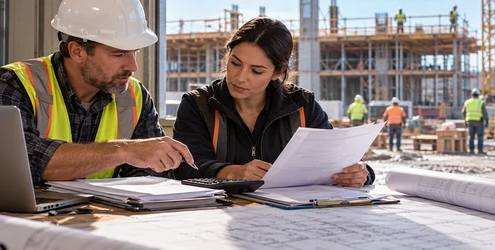 Construction estimator and payroll specialist reviewing labor hours and benefit costs