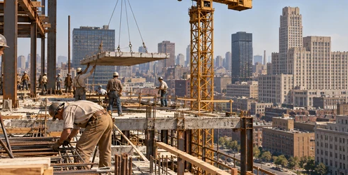 A mid-century construction crew erects a concrete-and-steel city building during the postwar construction boom.