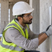 Site technician checks a prepared concrete wall with a moisture meter and straightedge before the finish is applied.