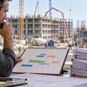A construction manager reviews a schedule and awarded project plans as active building projects continue on site.