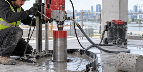 A worker uses a diamond core drill with water capture to bore a clean circular opening in a concrete slab.