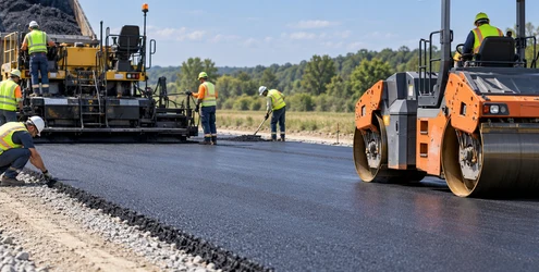 A paving crew lays fresh asphalt while a road roller compacts the new surface along the roadway.