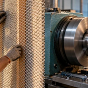 Construction lath mesh backing beside an industrial lathe machine, showing the difference between lath and lathe.