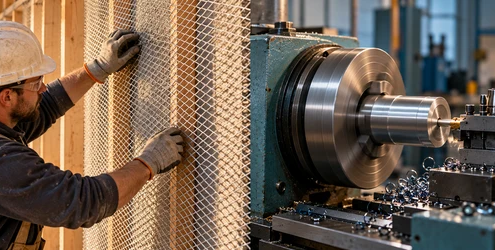 Construction lath mesh backing beside an industrial lathe machine, showing the difference between lath and lathe.