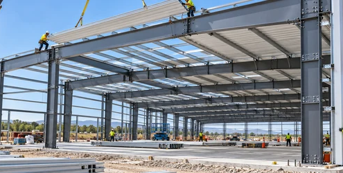 Steel frames, purlins, and metal panels form a pre-engineered metal building as a crane crew installs the roof.