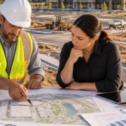 A developer, engineer, and estimator review site plans and infrastructure costs for a new commercial development.