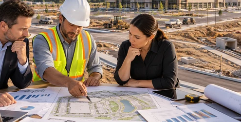 A developer, engineer, and estimator review site plans and infrastructure costs for a new commercial development.