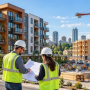 Mid-rise multifamily apartment construction with balconies, an active crane and builders reviewing plans on site.