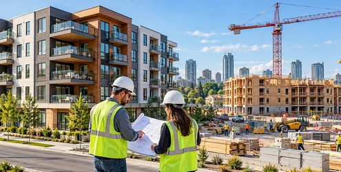 Mid-rise multifamily apartment construction with balconies, an active crane and builders reviewing plans on site.