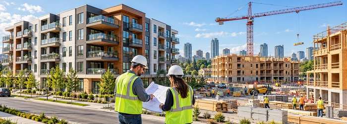Mid-rise multifamily apartment construction with balconies, an active crane and builders reviewing plans on site.