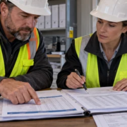 A contractor and project manager cross-check construction progress statements and cost records in a site office.