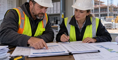 A contractor and project manager cross-check construction progress statements and cost records in a site office.