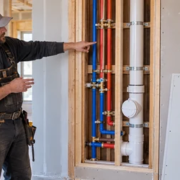 Plumber showing organized water and drain pipes inside an open framed pipe chase with a removable access panel