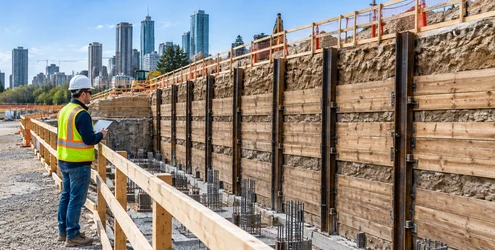 Engineer inspects timber lagging boards installed between steel soldier piles to support an excavation wall.
