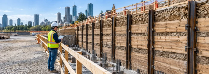Engineer inspects timber lagging boards installed between steel soldier piles to support an excavation wall.