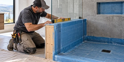 Tile installer checks the waterproof membrane and level on a walk-in shower knee wall before finishing.