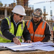 A general contractor risk manager reviews a CCIP cost schedule and subcontractor enrollment records with trade foremen at a large building project.