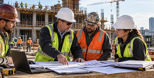 A general contractor risk manager reviews a CCIP cost schedule and subcontractor enrollment records with trade foremen at a large building project.