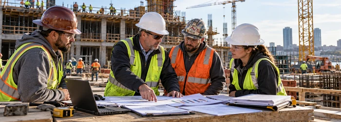 A general contractor risk manager reviews a CCIP cost schedule and subcontractor enrollment records with trade foremen at a large building project.