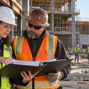 A construction insurance coordinator reviews enrollment documents with a subcontractor foreman at a large building project.