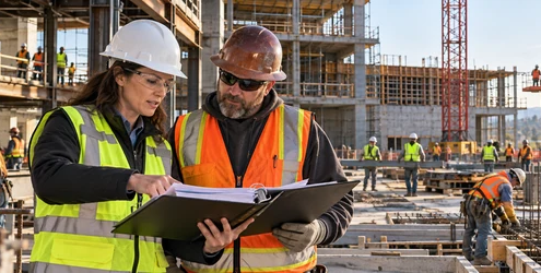 A construction insurance coordinator reviews enrollment documents with a subcontractor foreman at a large building project.