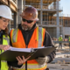 A construction insurance coordinator reviews enrollment documents with a subcontractor foreman at a large building project.