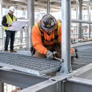 Installers fit steel grating panels and secure a guardrail post while building an elevated catwalk inside a commercial structure.
