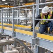 A structural engineer measures a guarded steel catwalk and checks its grating, support brackets, and stair access against the plan.