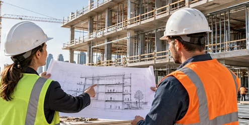 Architect and construction engineer review a building design plan beside a structure under construction.